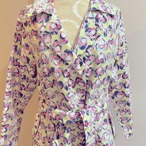 Jerry T Trench Lace Overlay Hearts Yellow Pink Belted Lined Pockets Retro Coat M